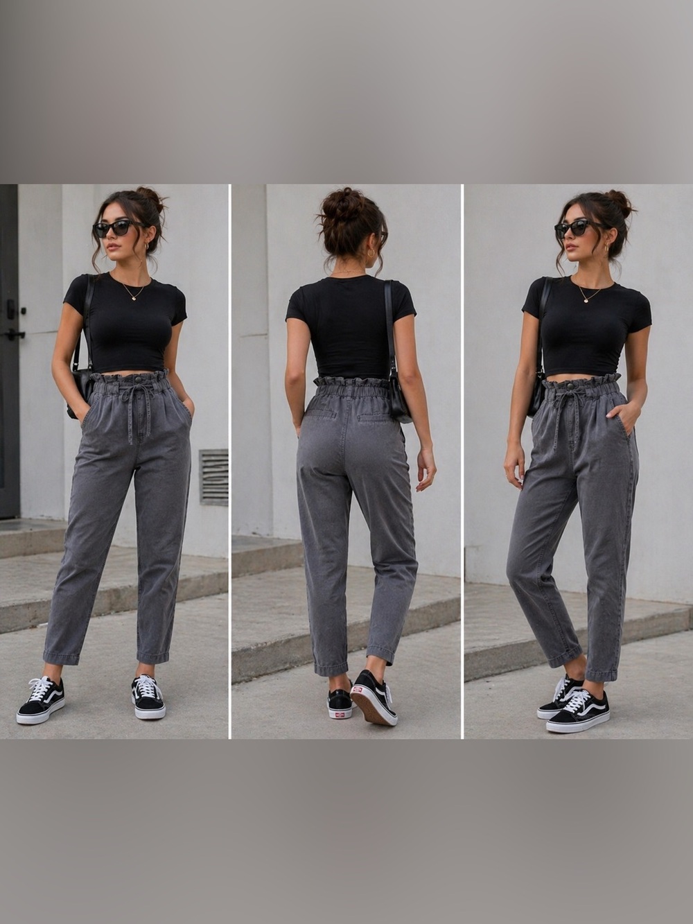 High Waist Paperbag Pants XS US 2/4 Tapered Street Chic Casual Gray Drawstring